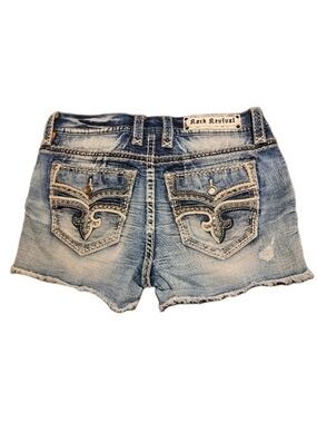 Rock Revival Shorts 28 Washed Blue Embellished Pockets Denim Easy Short Dubarry